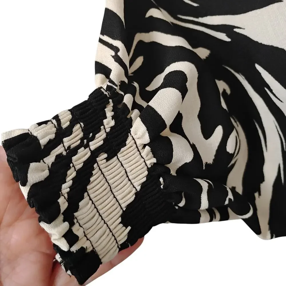 H&M Animal Print Blouse Size XS Black & Beige Balloon Long Sleeve Elastic Waist - Picture 5 of 9